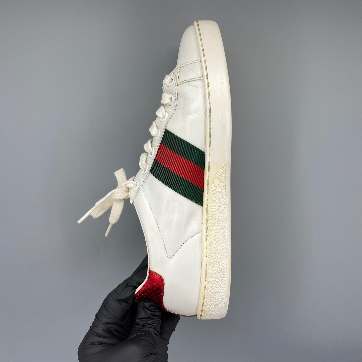 Gucci Women's White Leather Web Stripe Bee Embroidery Ace Low Top Sneakers Size 36.5