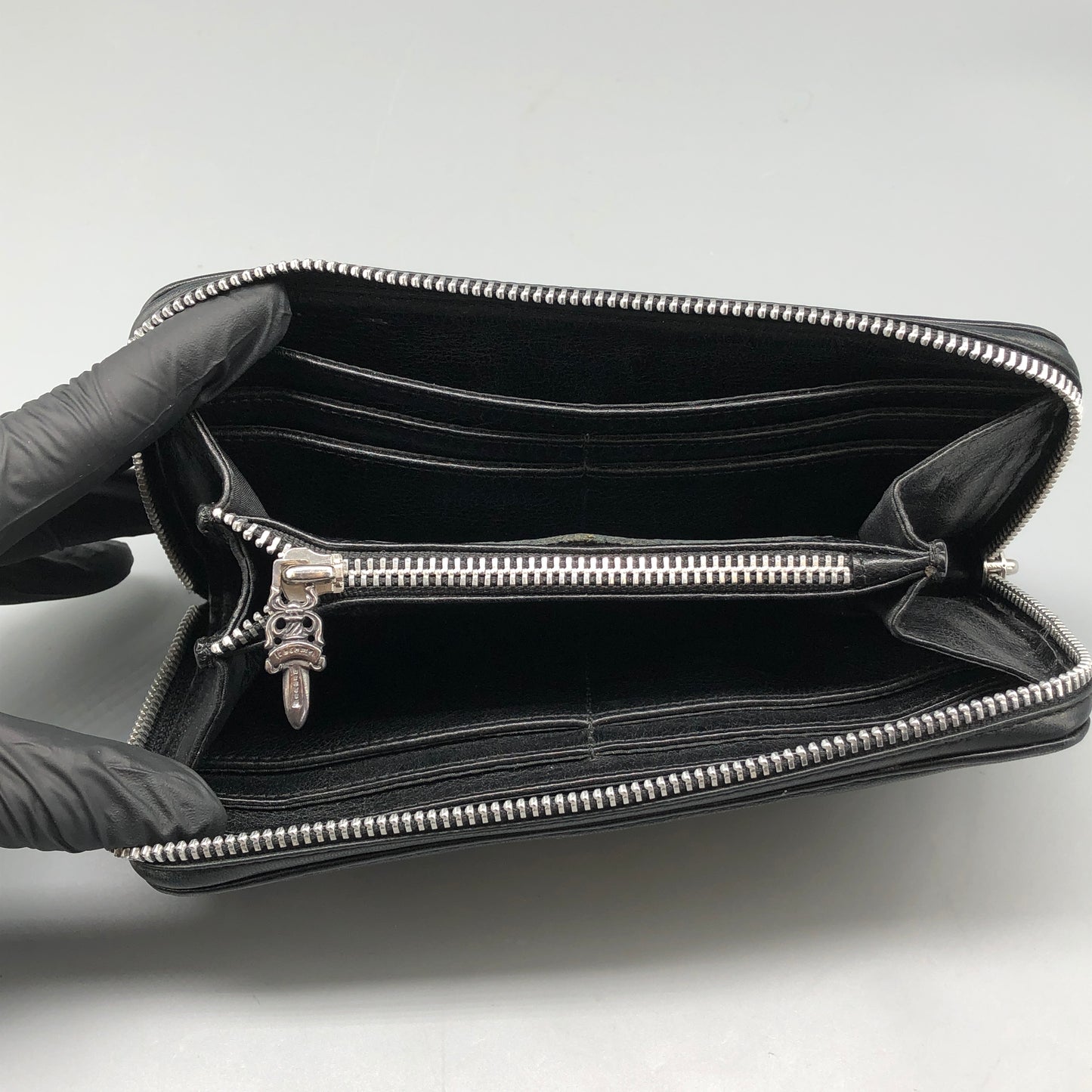 Chrome Hearts Black Leather Zip Around Long Wallet