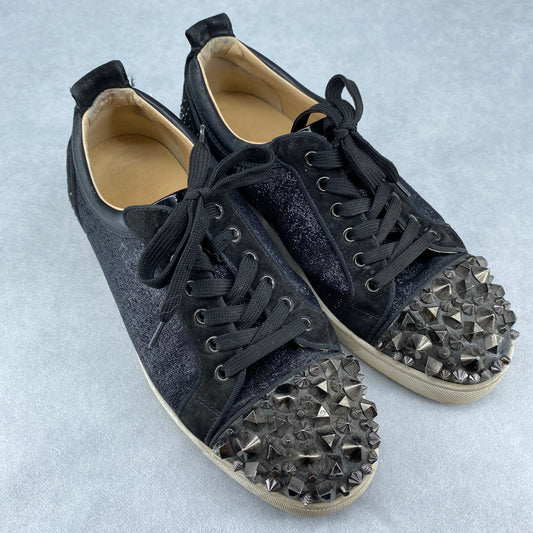 Christian Louboutin Men's Black Glitter Silver Spiked Lace-Up Low Top Sneakers Size 40.5