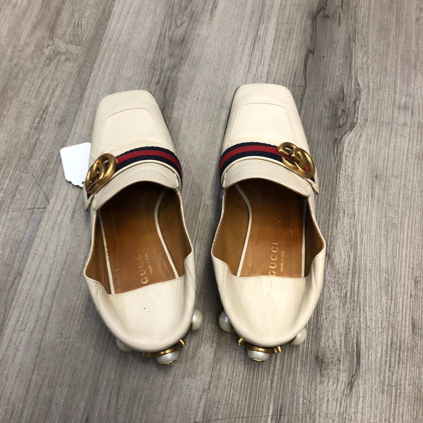 Gucci Women's Web Stripe Pearl Heel Mule Slip On Loafer Shoes 36.5 Cream Red Green
