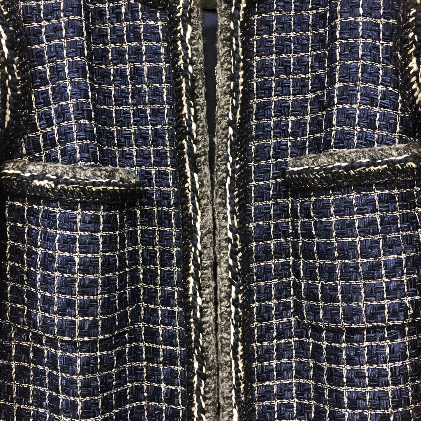 Chanel Tweed Coat Size 42 Navy Blue/White/Black/Grey/Silver