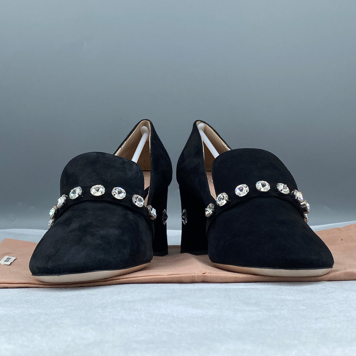 Miu Miu Black Suede Crystal Block Heel Women Shoes Size 36