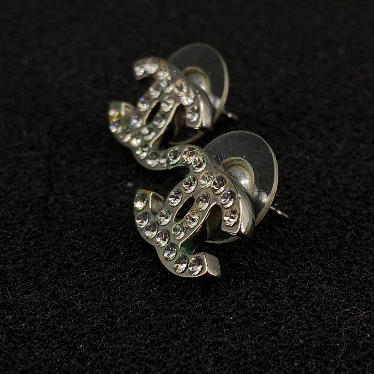 Chanel Silver Tone CC Crystal Stud Earrings
