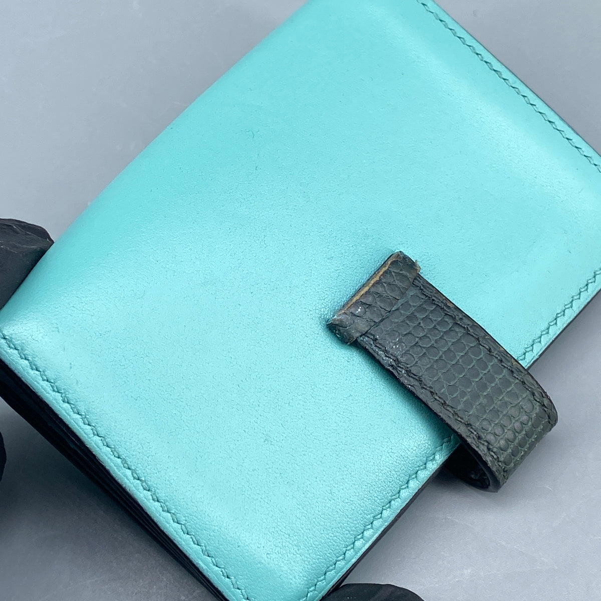 Hermes Bearn Compact card holder Tiffany Blue with Lizard leather strap