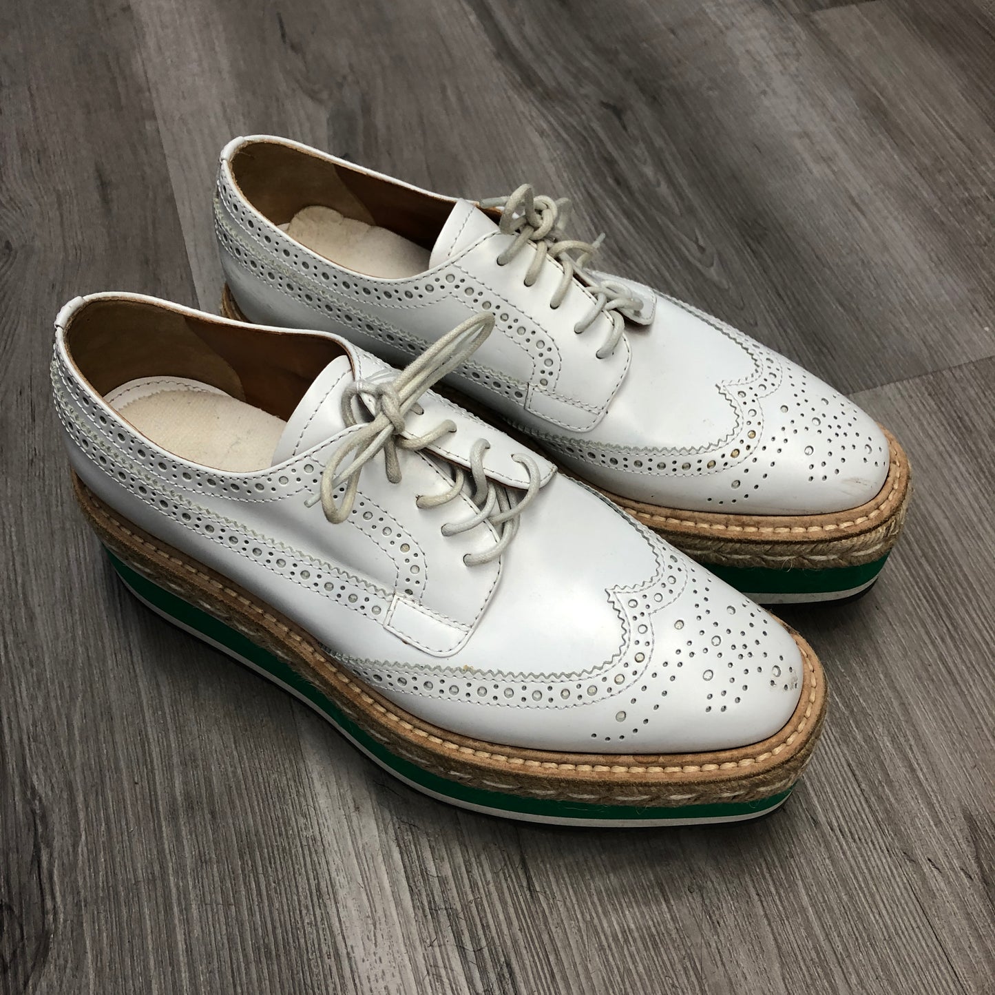 Prada Women's White Leather Brogue Platform Oxfords Size 36.5