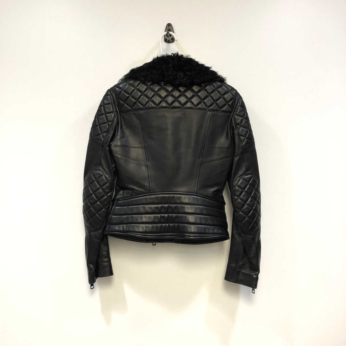 Burberry Black Shearling Collar Leather Biker Jacket US size 4