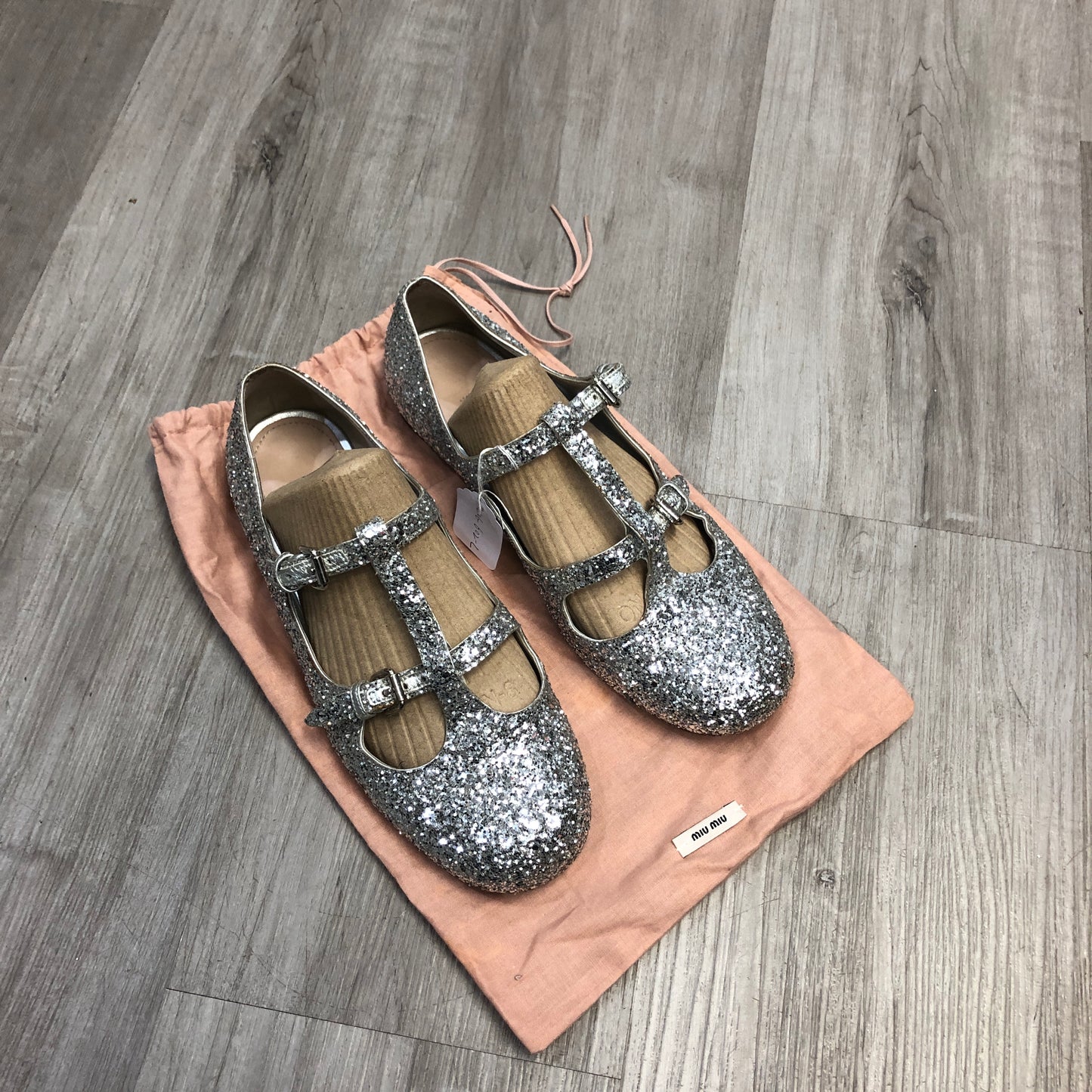 Miu Miu Women's Glitter Mary Jane Ballerina Shoes Size 38 Silver