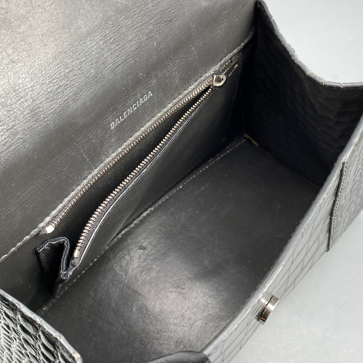 Balenciaga Dark Grey Croc Embossed Leather Hourglass Bag