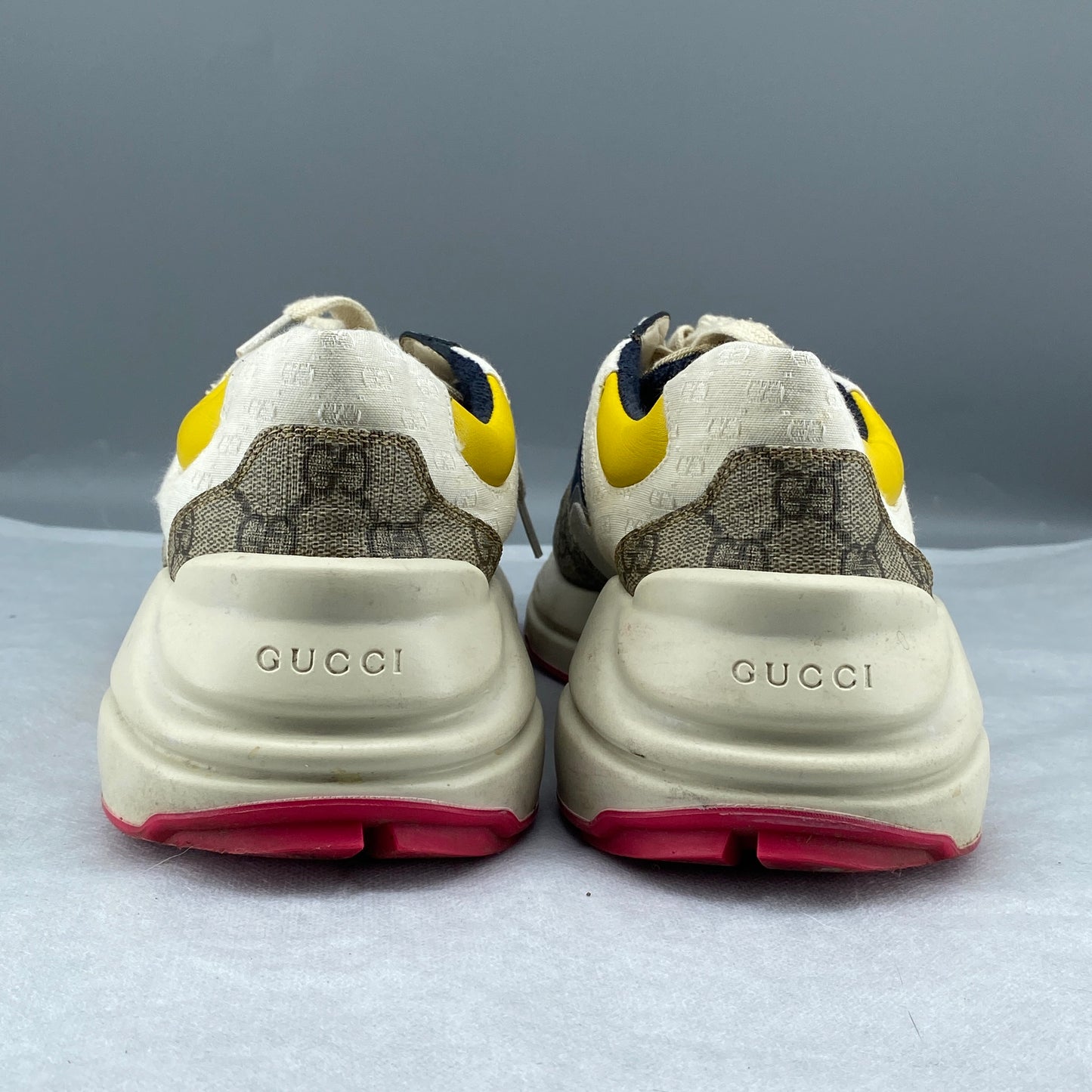 Gucci Men’s Navy Yellow & Beige GG Supreme Rhyton Multi-Material Low Top Sneakers Size 7.5