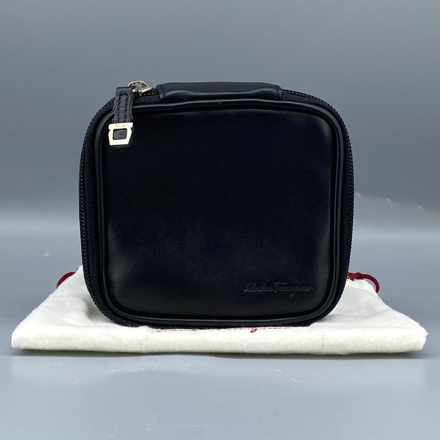 Ferragamo Black Smooth Leather Mini Square Cosmetic Pouch