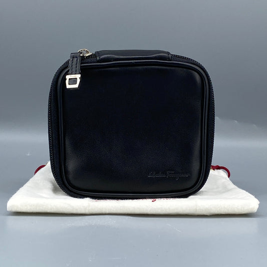 Ferragamo Black Smooth Leather Mini Square Cosmetic Pouch