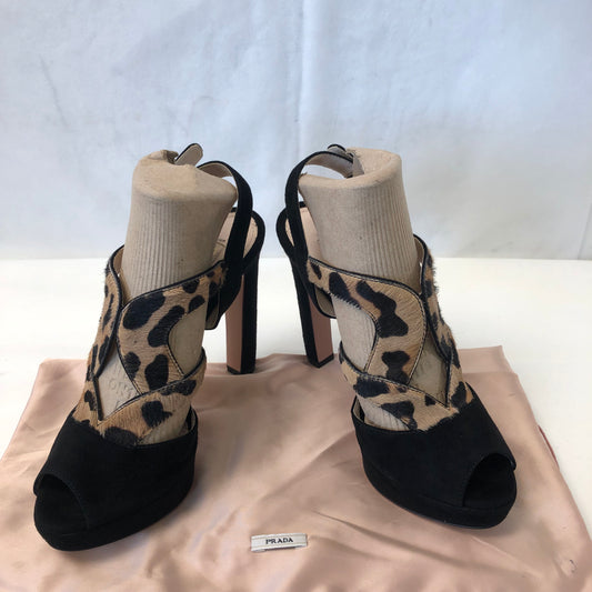 Prada Leopard Print Platform High Heel Sandals Women's Shoes Size 36.5