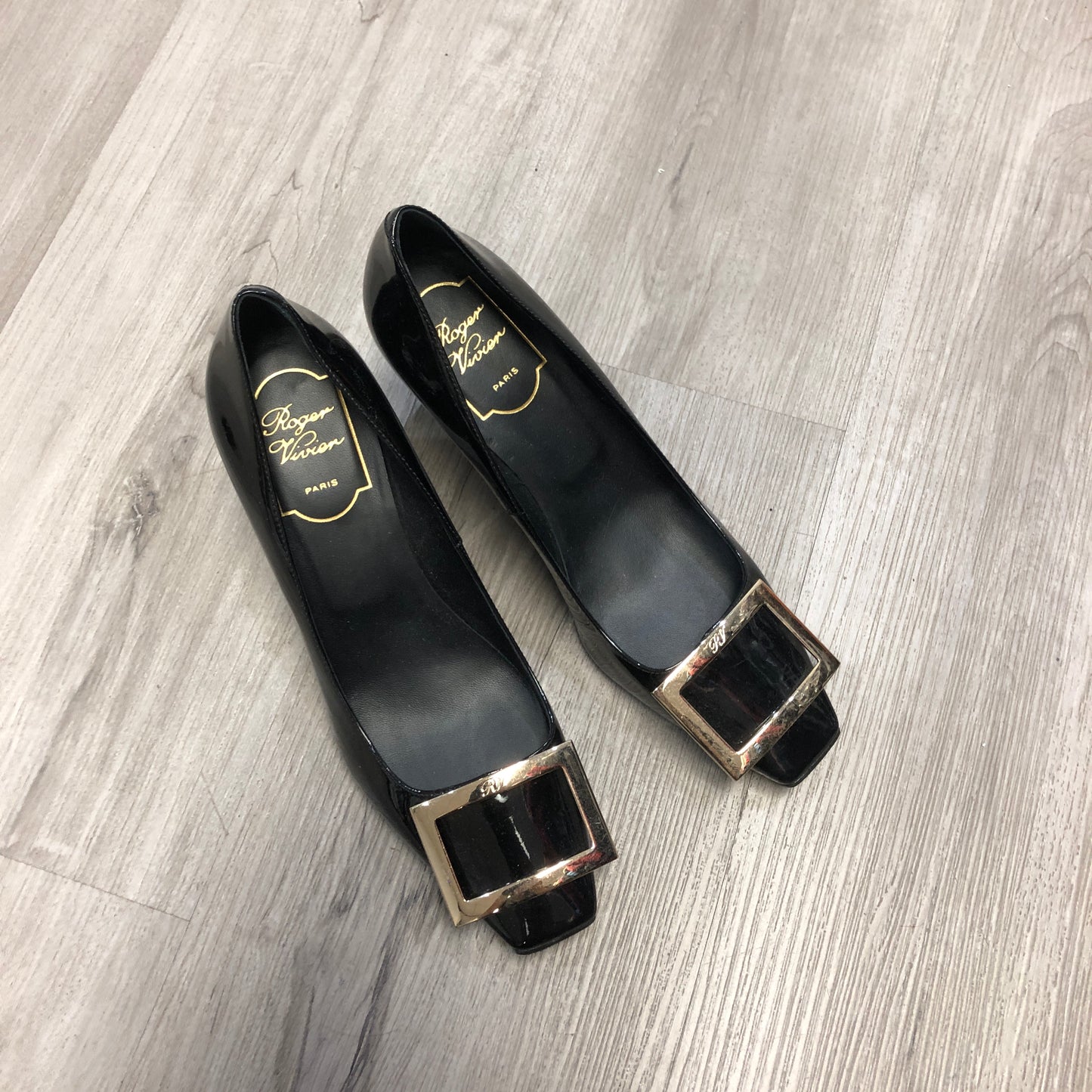 Roger Vivier Patent Leather Square Buckle Block Heel Pumps Shoes 36.5 Black