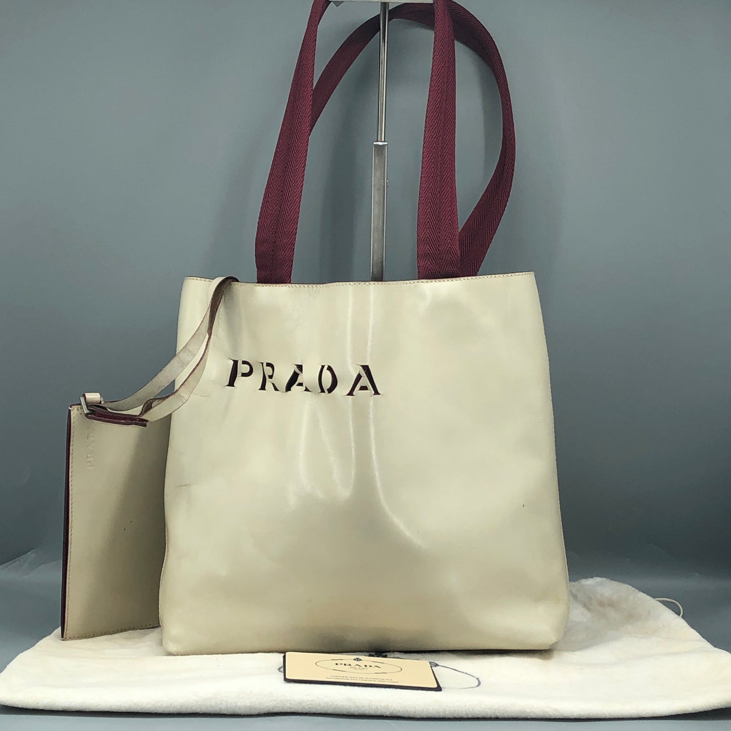 Prada Cream Leather Logo Tote Bag
