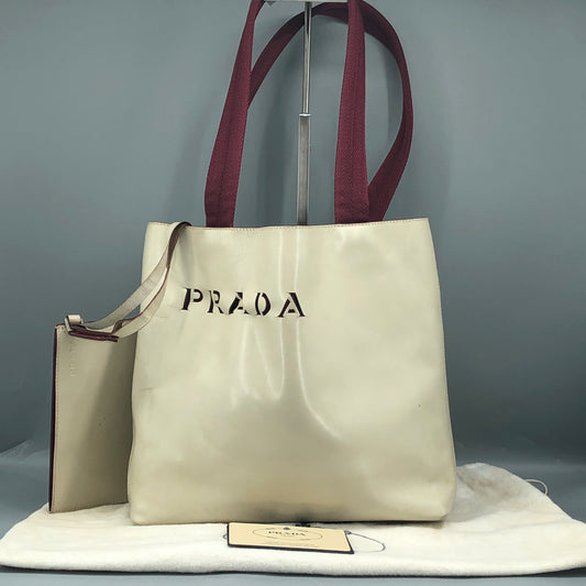 Prada Cream Leather Logo Tote Bag