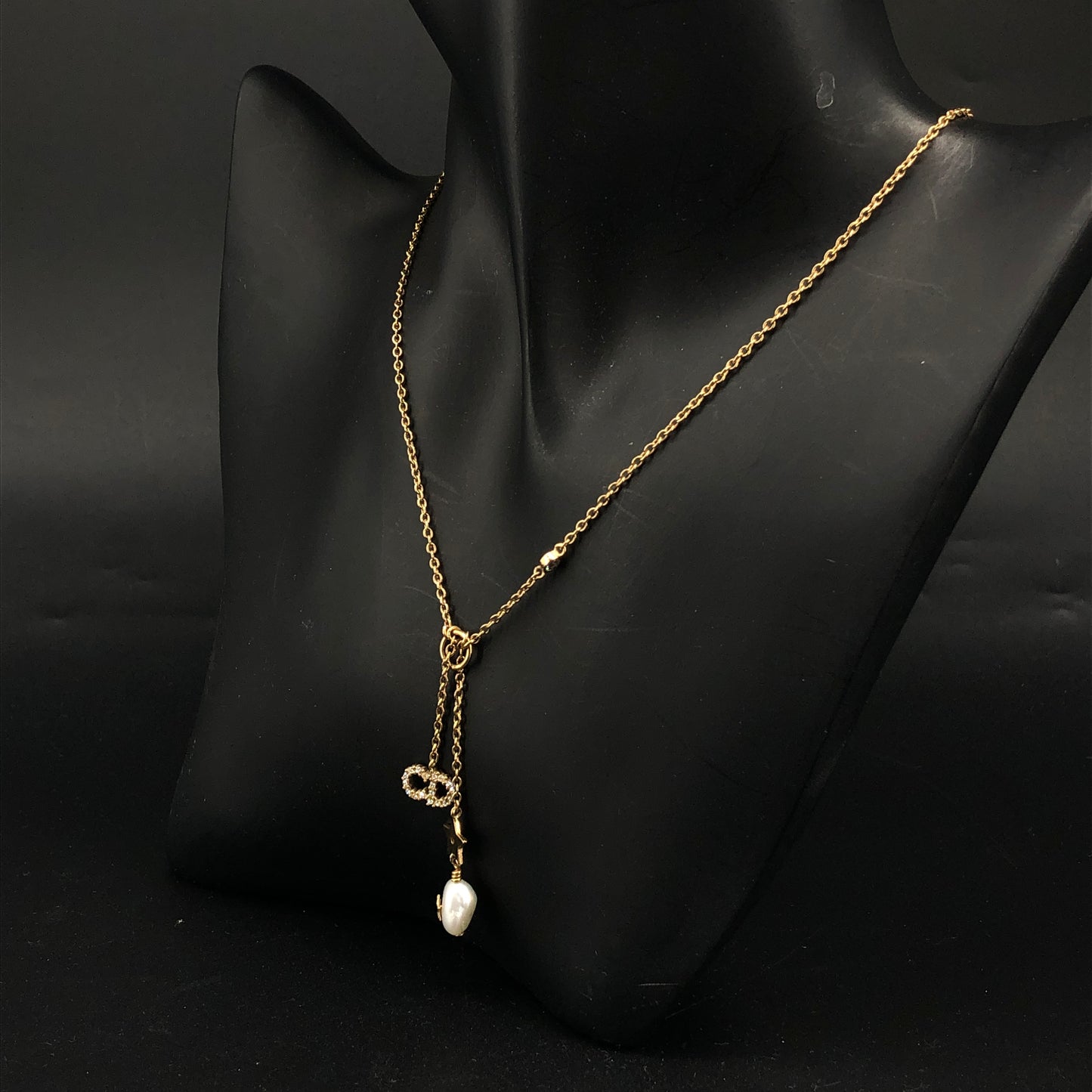 Christian Dior Vintage CD Logo Baroque Pearl Crystal Pendant Necklace
