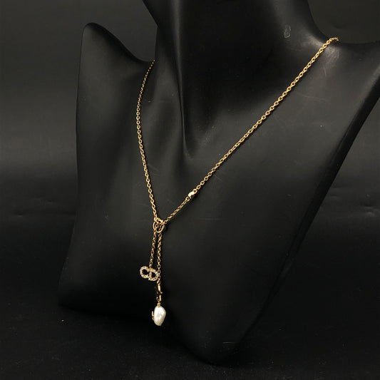 Christian Dior Vintage CD Logo Baroque Pearl Crystal Pendant Necklace