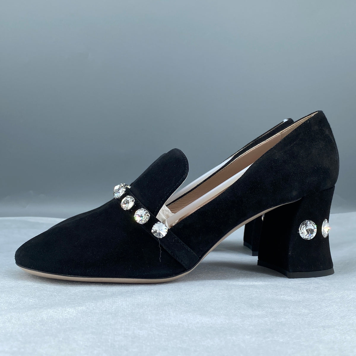 Miu Miu Black Suede Crystal Block Heel Women Shoes Size 36