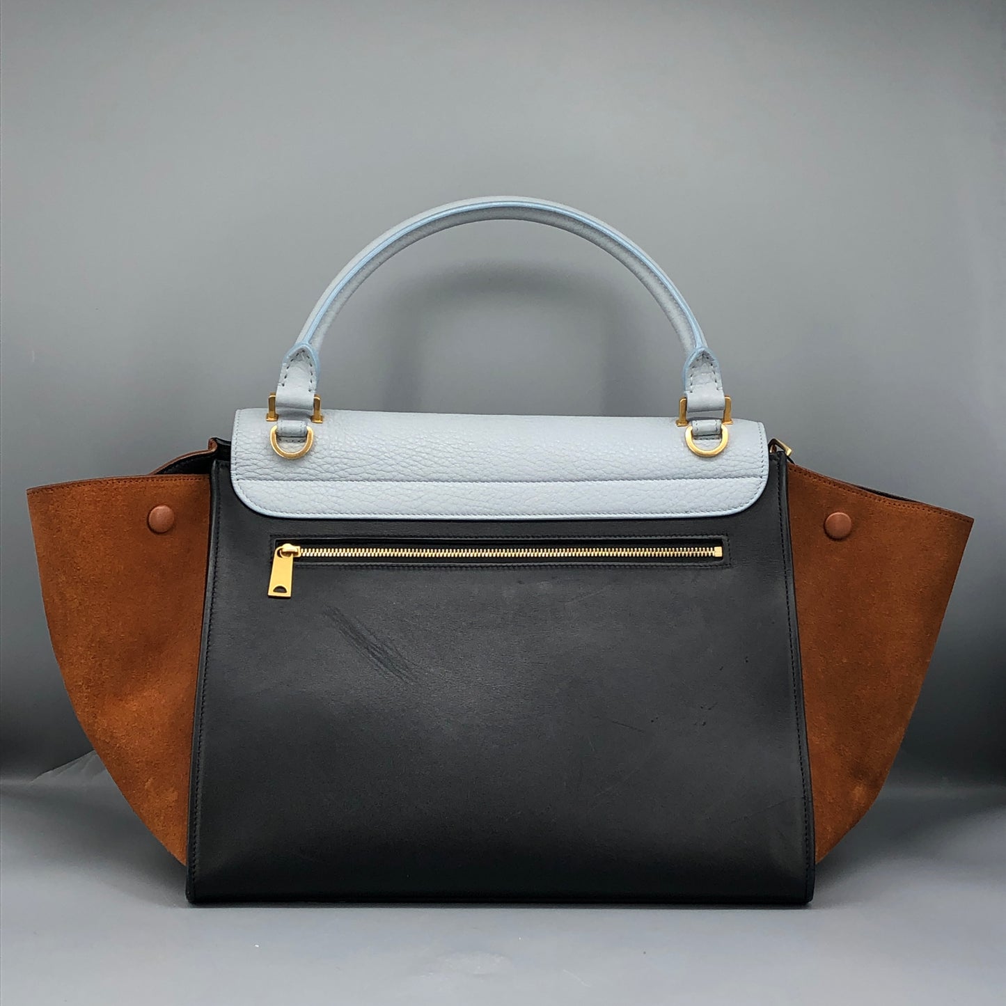 Celine Trapeze Leather & Suede Tote Bag Light Blue/Caramel/Black