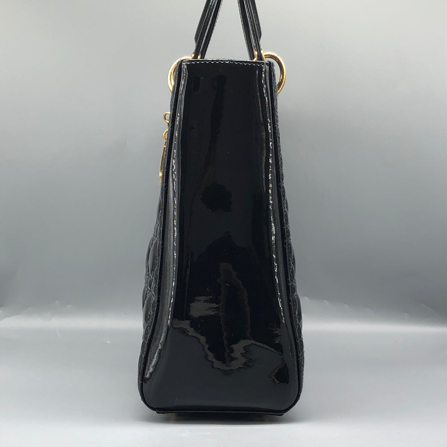 Christian Dior Lady Dior Large Cannage Quilted Patent Leather Handbag Black