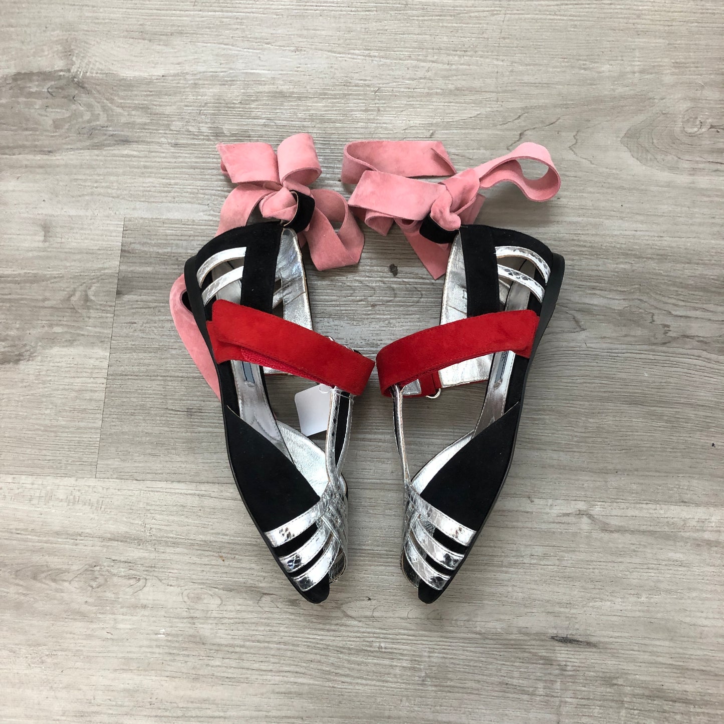 Prada Women's Two-Tone Cutout Patent Leather Ankle Strap Heels 35.5 Black Silver Red Pink