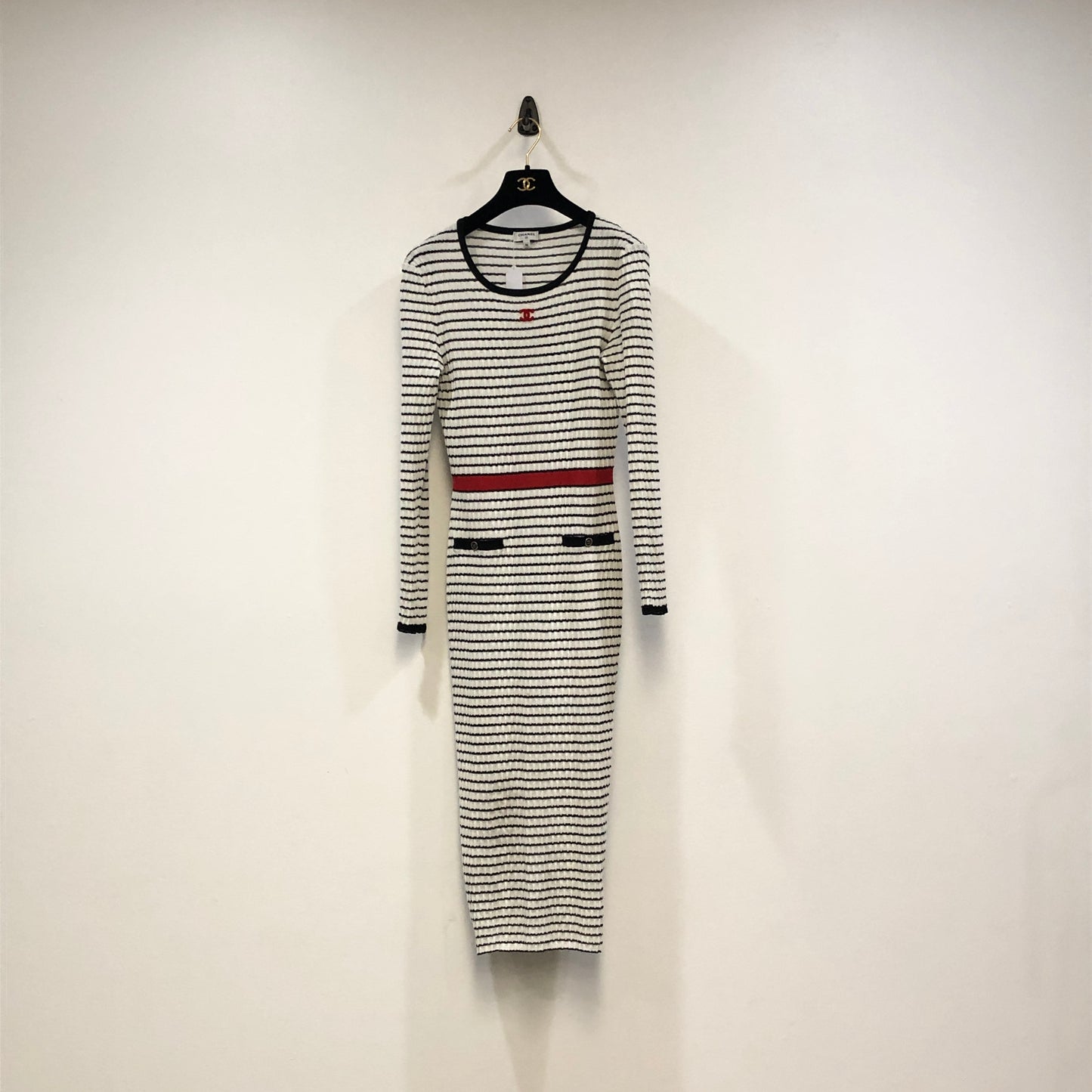 Chanel Black & White Striped Knit Midi Dress Size 36