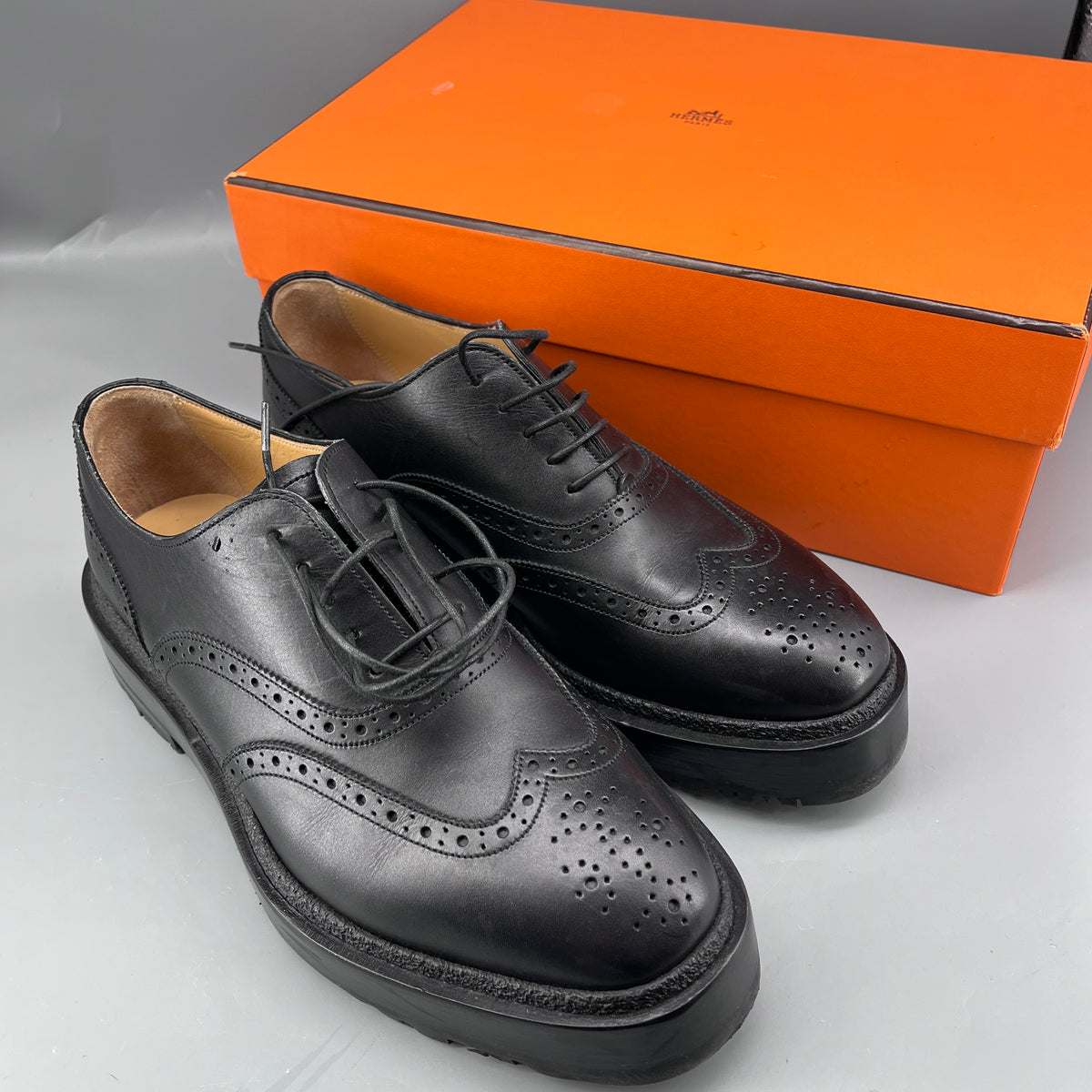 Hermes Black Leather Brogue Oxford Shoes size 37