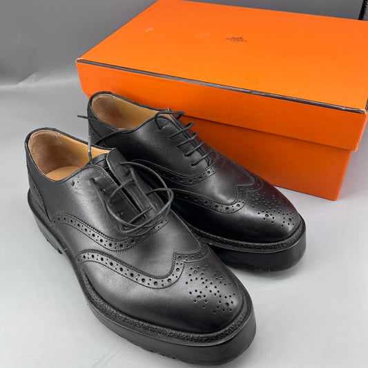 Hermes Black Leather Brogue Oxford Shoes size 37