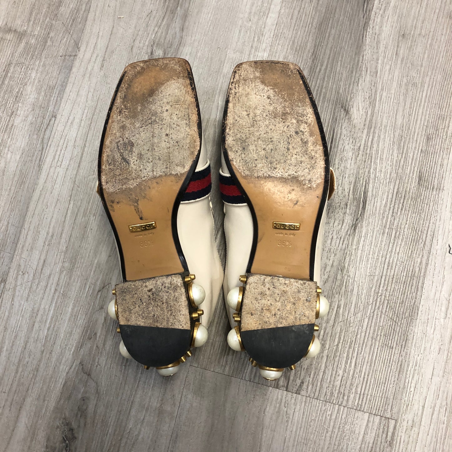 Gucci Women's Web Stripe Pearl Heel Mule Slip On Loafer Shoes 36.5 Cream Red Green
