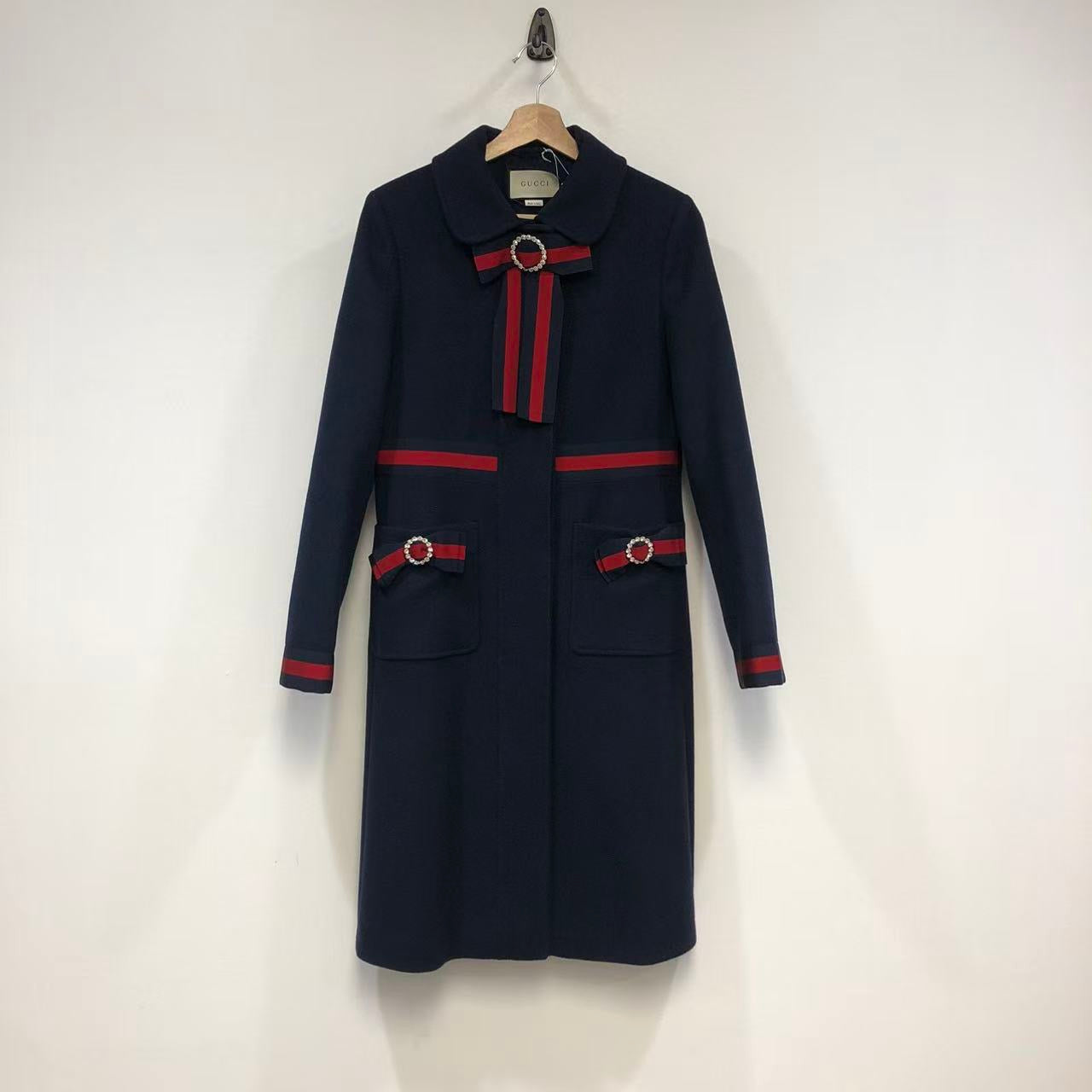 Gucci Sylvie Web Bow Detail Coat Navy Size 42