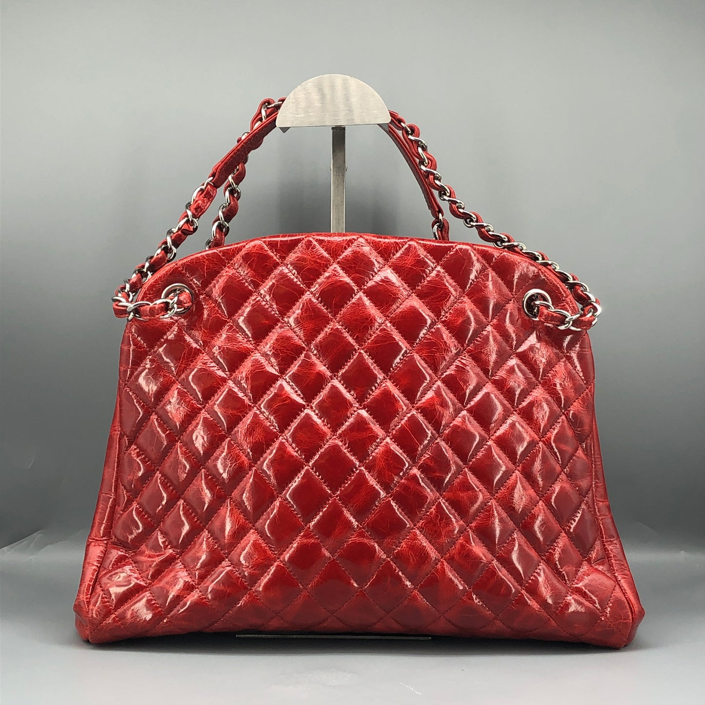 Chanel Just Mademoiselle Quilted Patent Leather Bowling Shoulder Bag Cherry Red