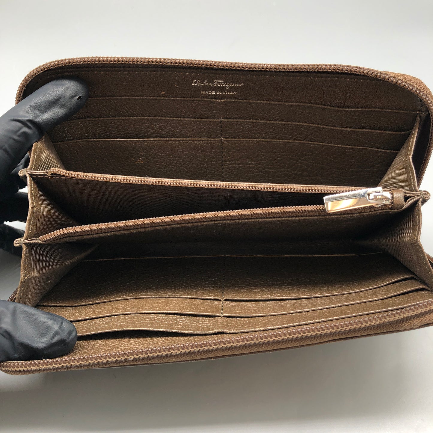 Ferragamo Taupe Brown Leather Zip-Around Long Wallet