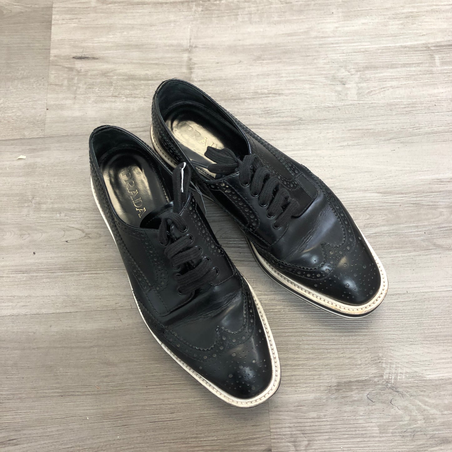 Prada Brogue Leather Platform Low Top Sneaker Shoes 37.5 Black White