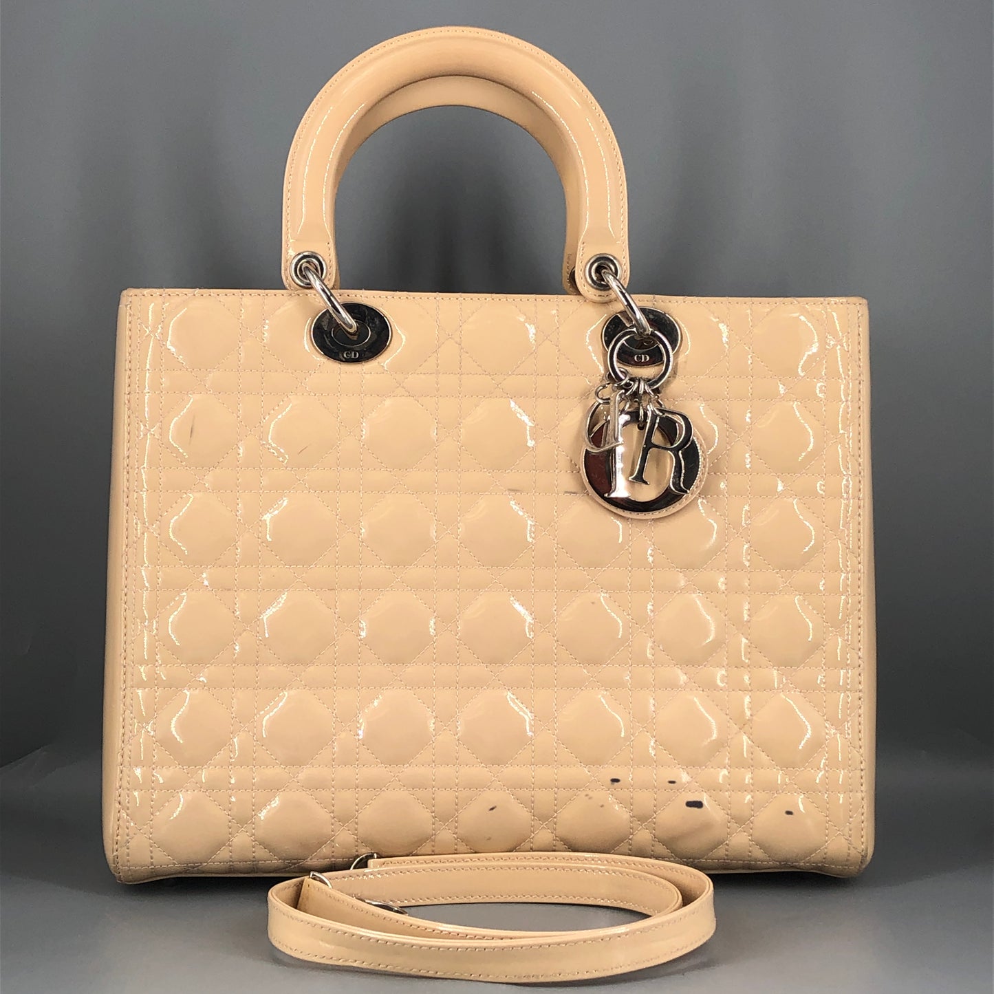 Christian Dior Lady Dior Large Cannage Patent Leather Handbag Nude