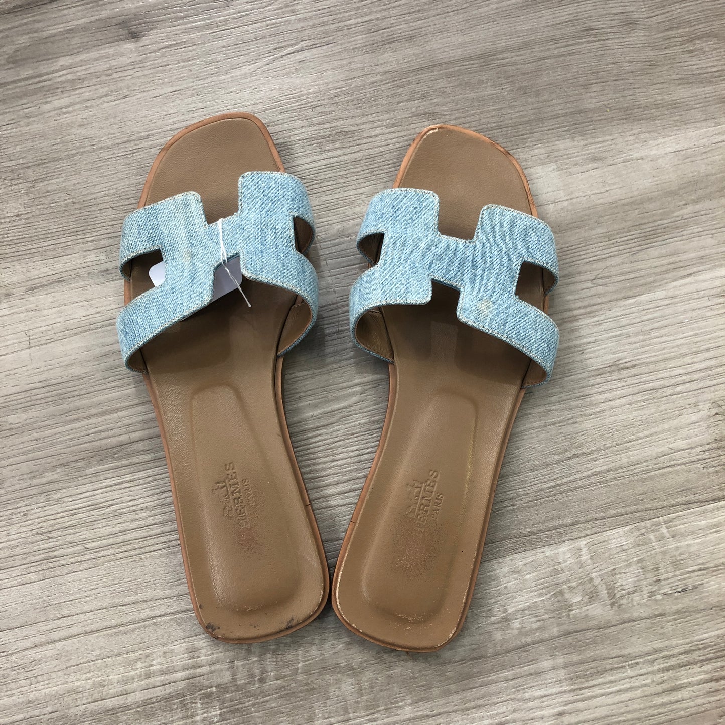 Hermes Women's Oran Denim Slide Sandals Size 38 Blue Denim