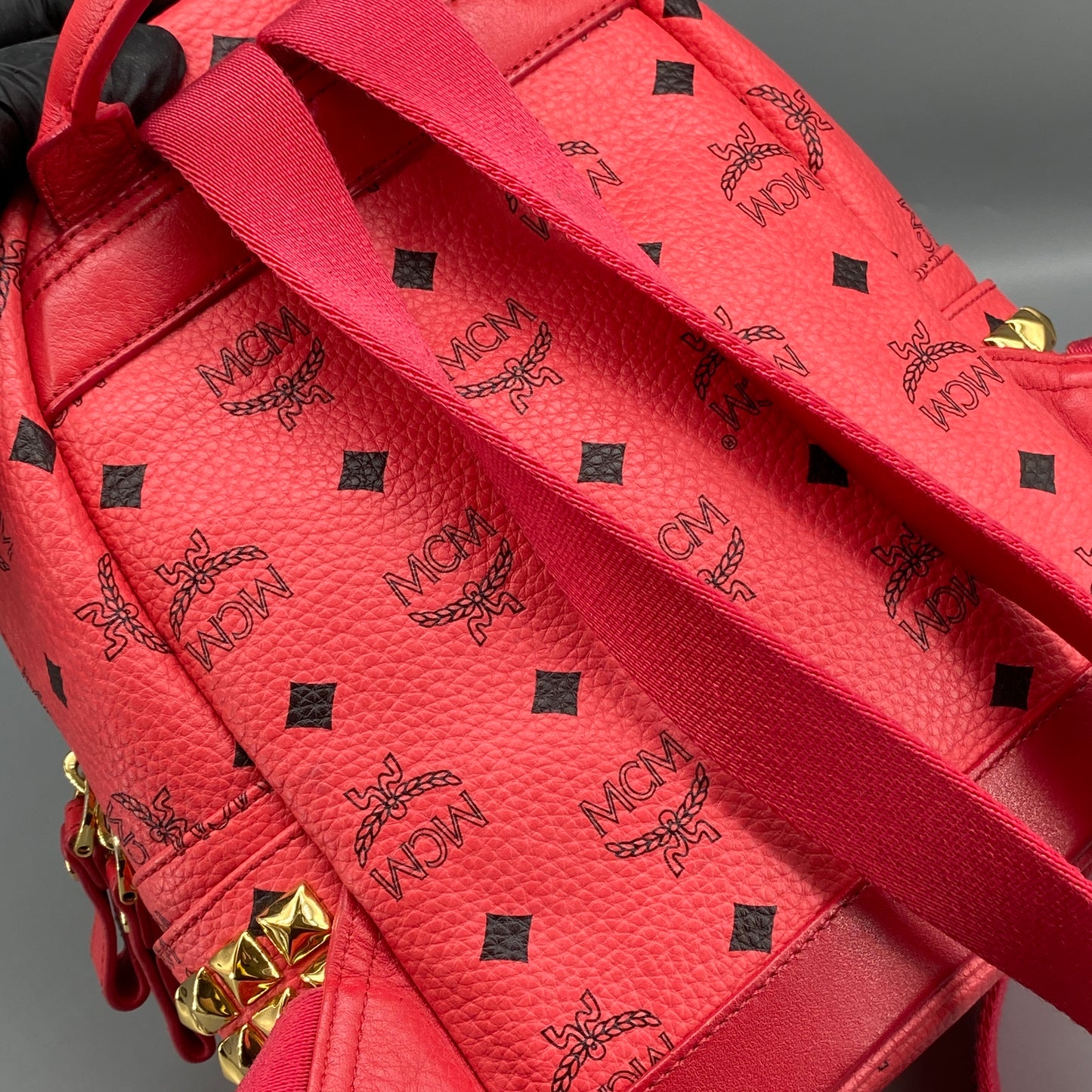 MCM Coral Red Visetos Mini Backpack