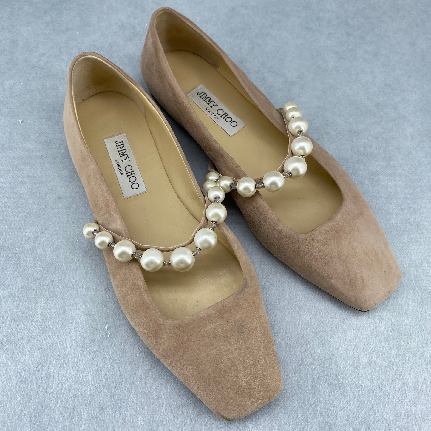 Jimmy Choo Women's Pearl Strap Suede Flat Shoes Size 40 Pink Nude