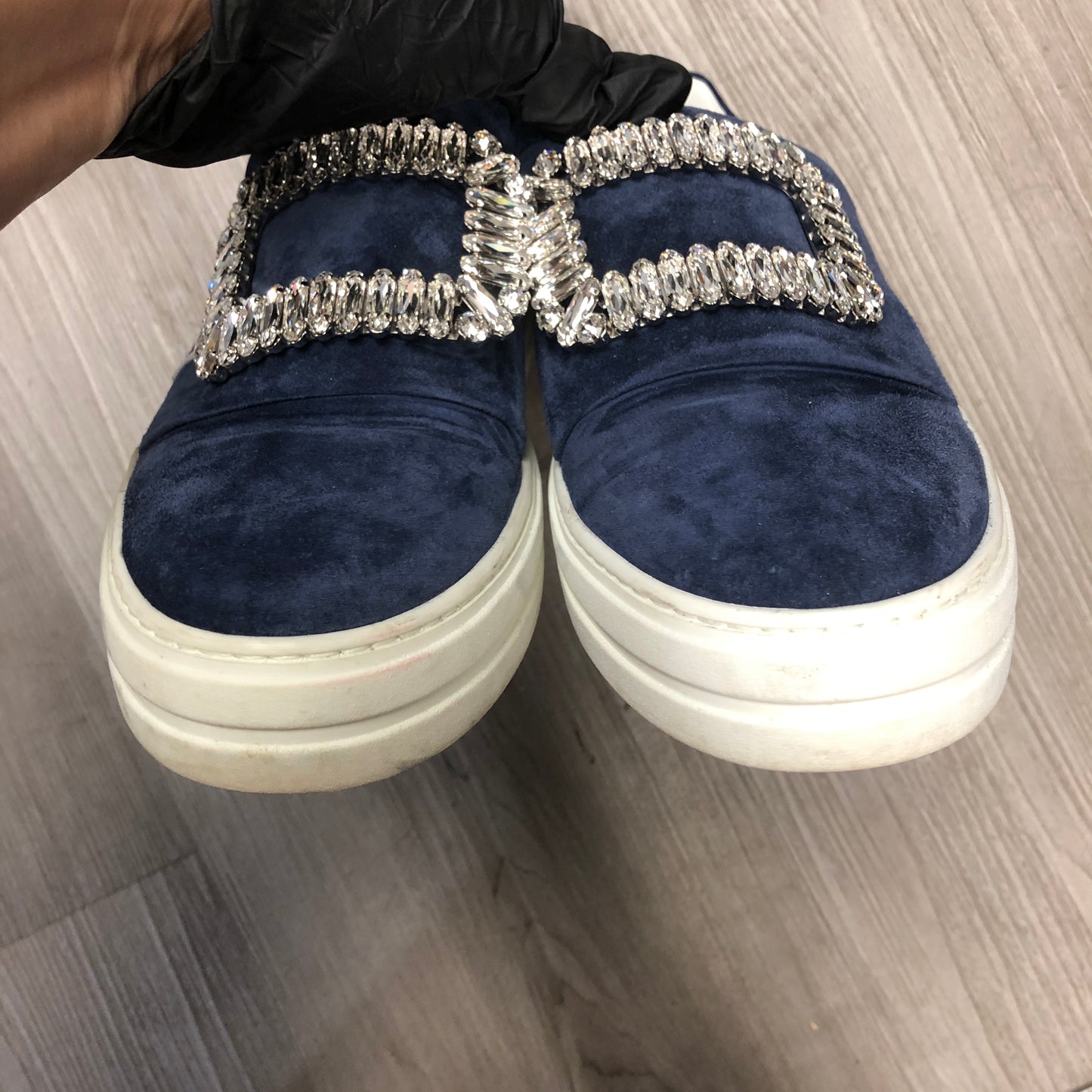 Roger Vivier Women's Navy Suede Sneakers with Crystal Buckle Size 36