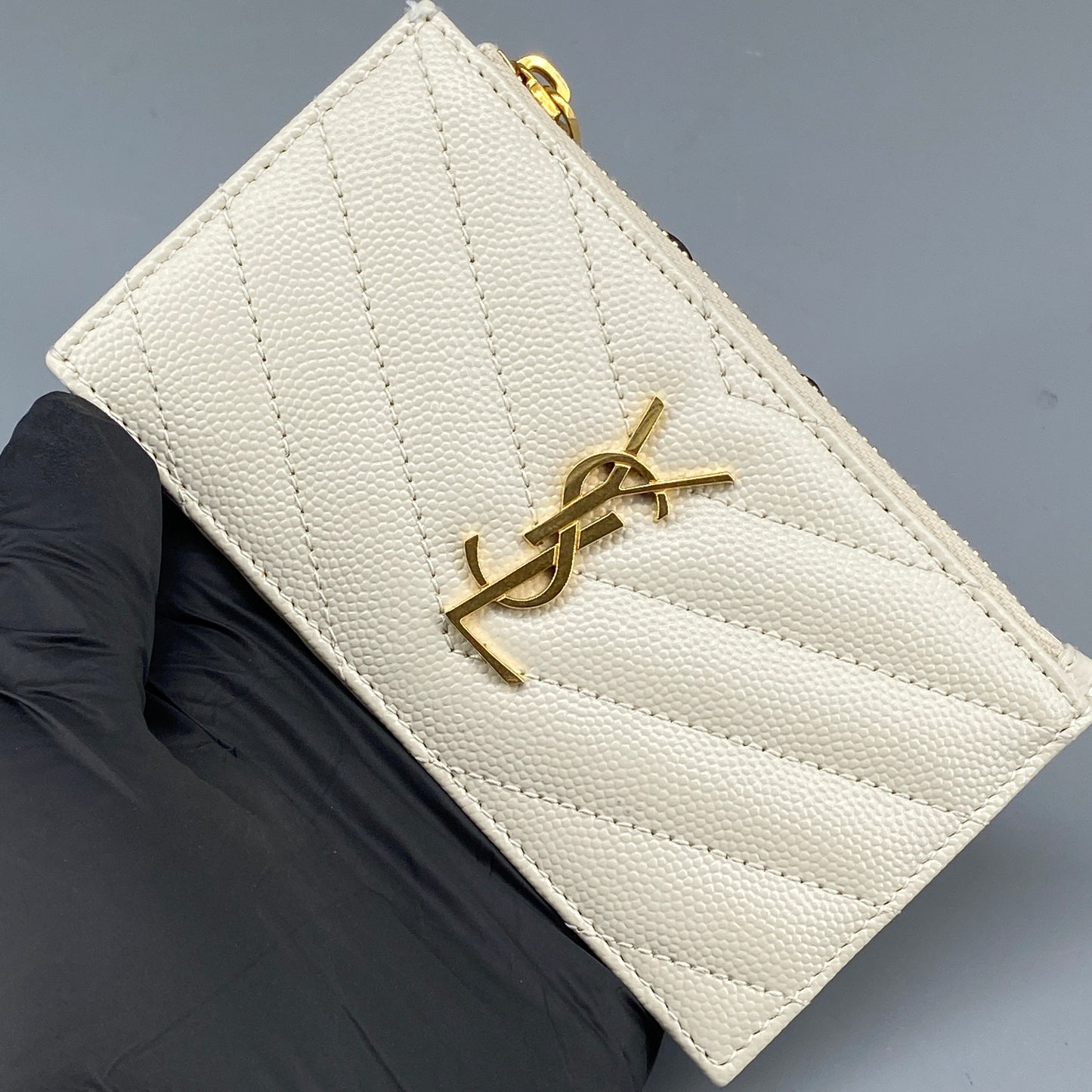 Saint Laurent Cream Grain Leather Quilted Zip Card Holder Wallet