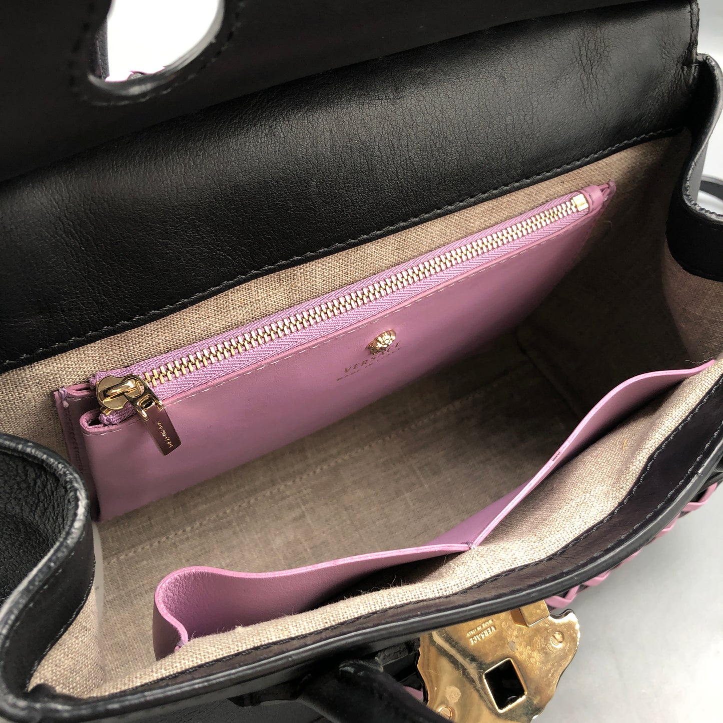 Versace La Medusa Black/Pink Leather Small Tote Bag