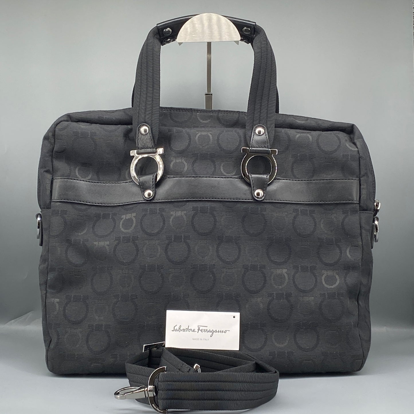 Ferragamo Black Gancini Jacquard Briefcase Business Handbag