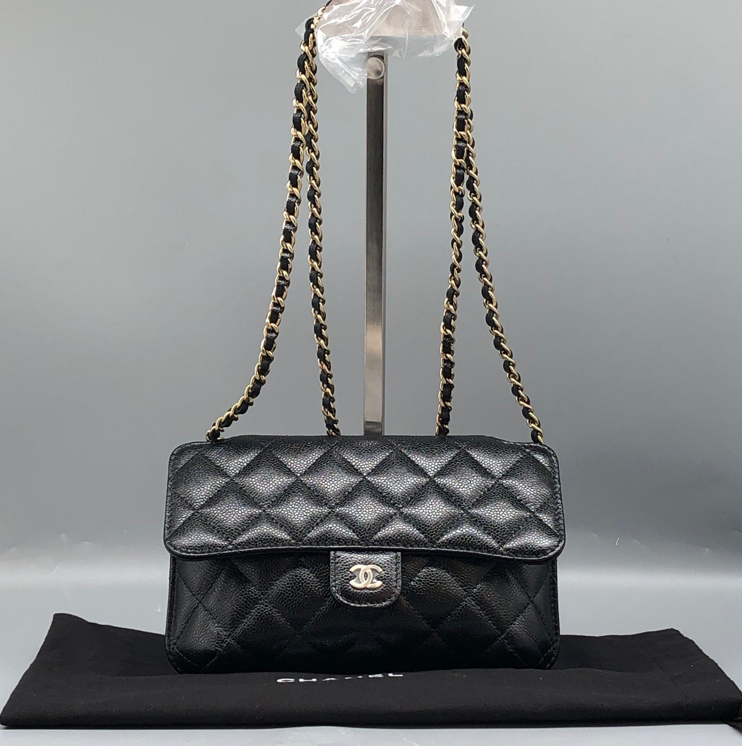 Chanel Foldable Tote Bag with Chain Quilted Caviar and Printed Nylon.