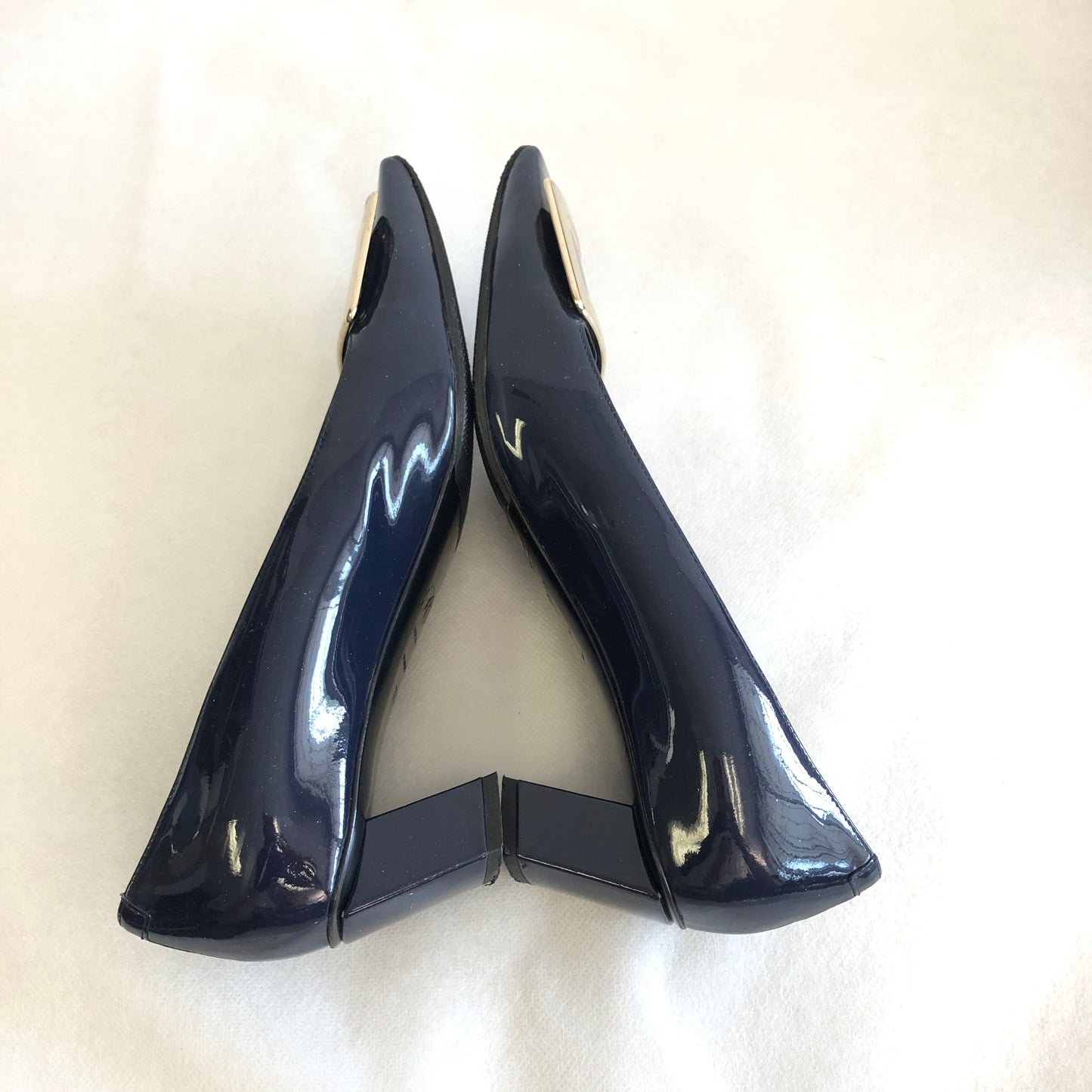 Roger Vivier Navy Patent Leather Square‑Buckle Block Heel Shoes size 35 1/2