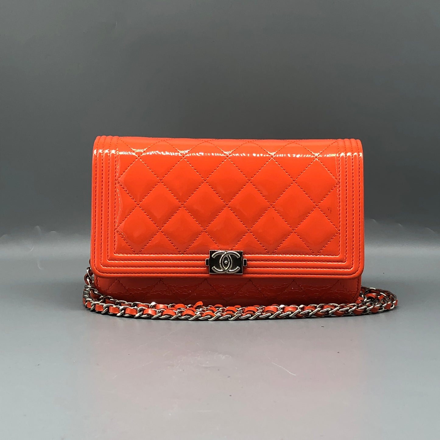 Chanel Boy Neon Orange Patent Leather Wallet on Chain Bag