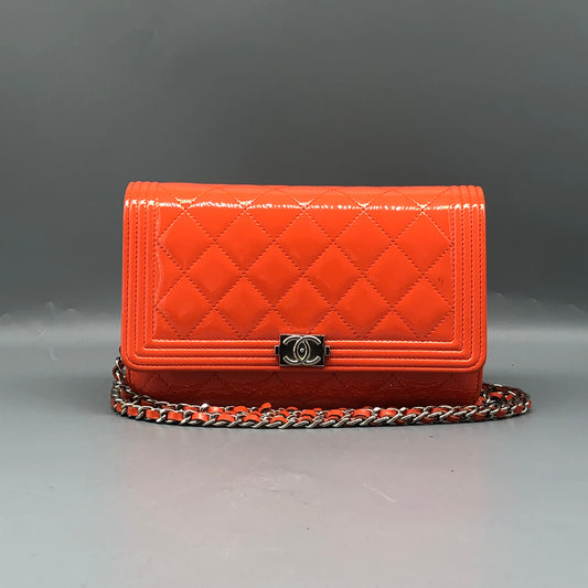 Chanel Boy Neon Orange Patent Leather Wallet on Chain Bag