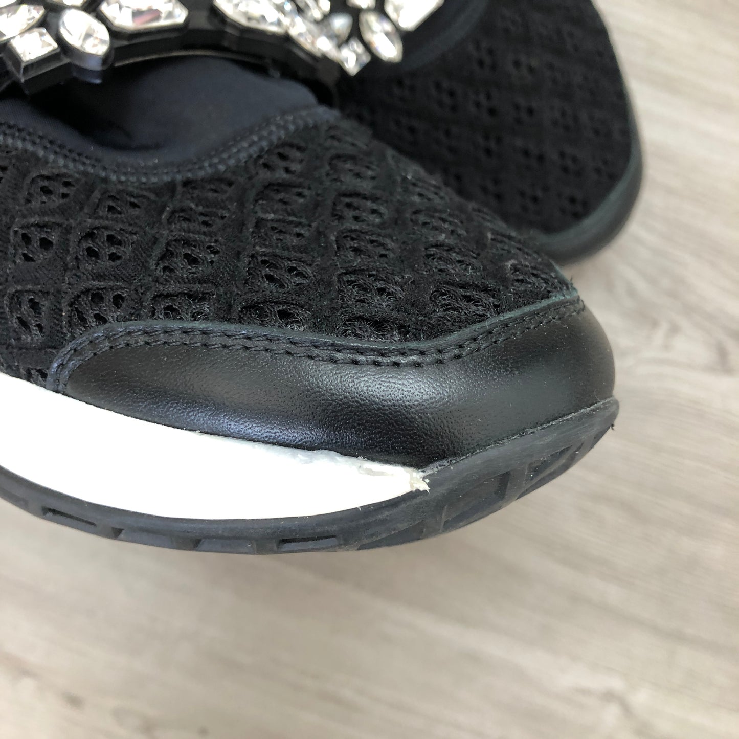 Roger Vivier Women's Mesh Fabric Crystal Buckle Slip-On Sneaker Mule Shoes 36 Black White Two-Tone