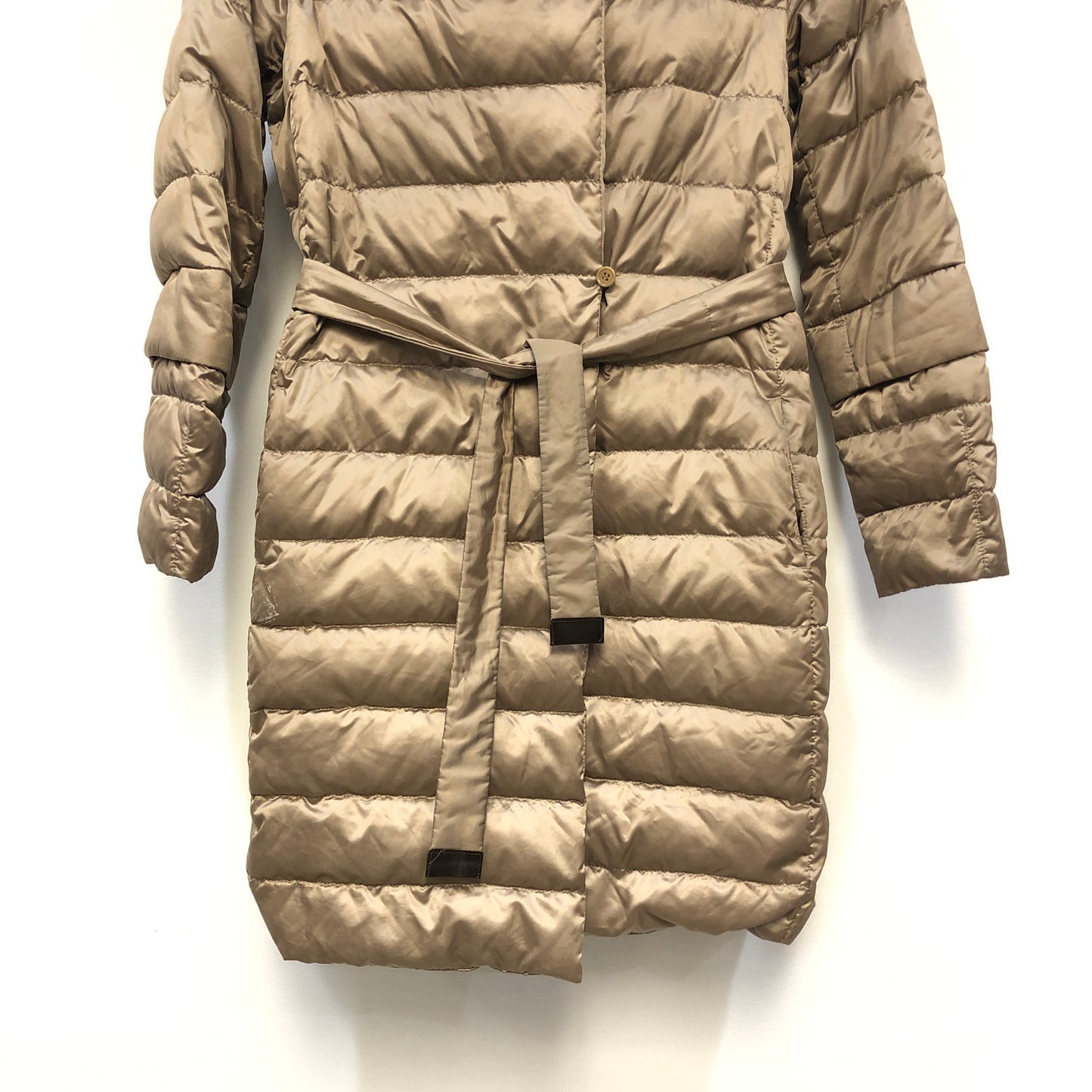 ‘S Max Mara Beige Lightweight Hooded Belted Down Mid-Length Coat Size 2