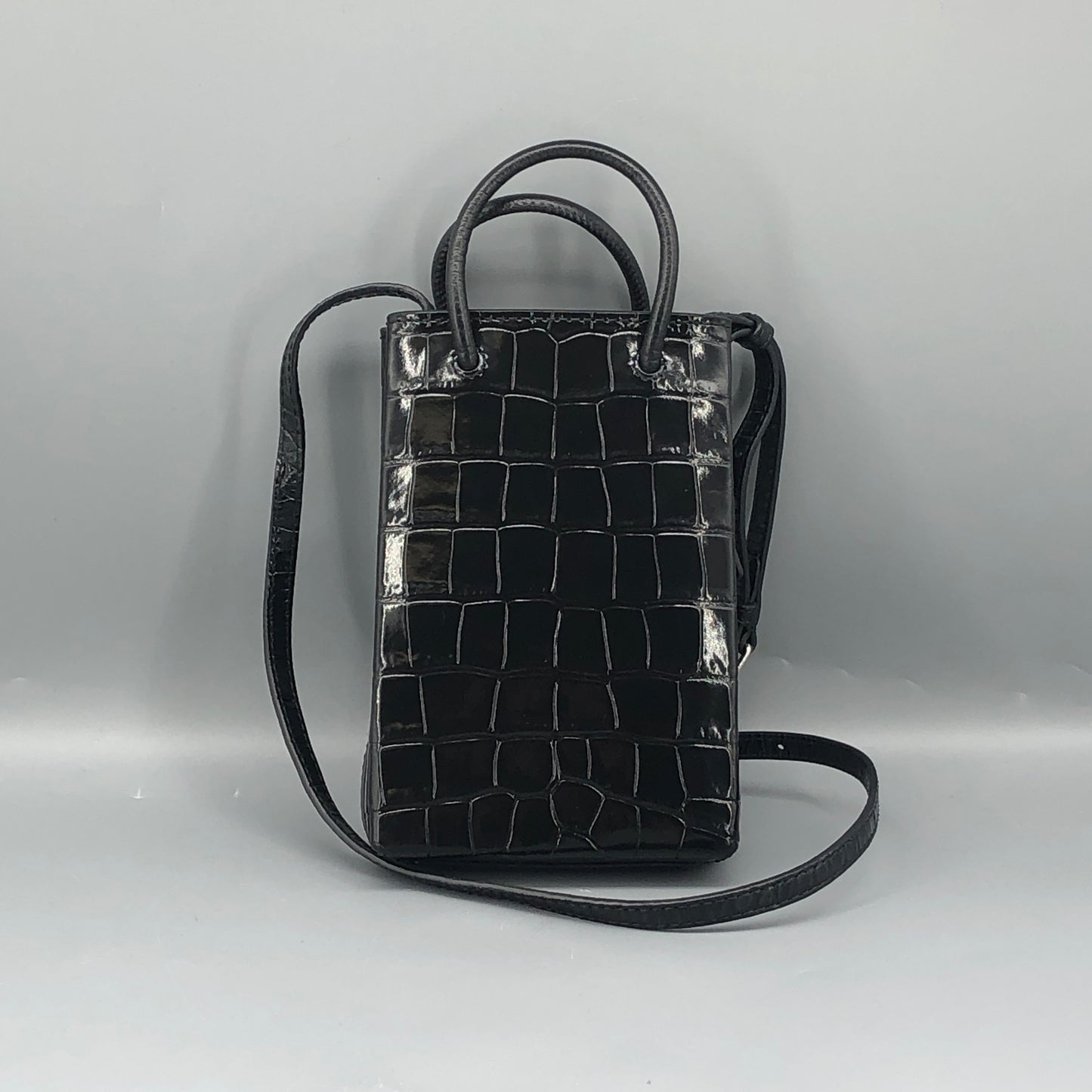 Balenciaga Logo Embossed Crocodile Embossed Leather Mini Vertical Phone Bag Black