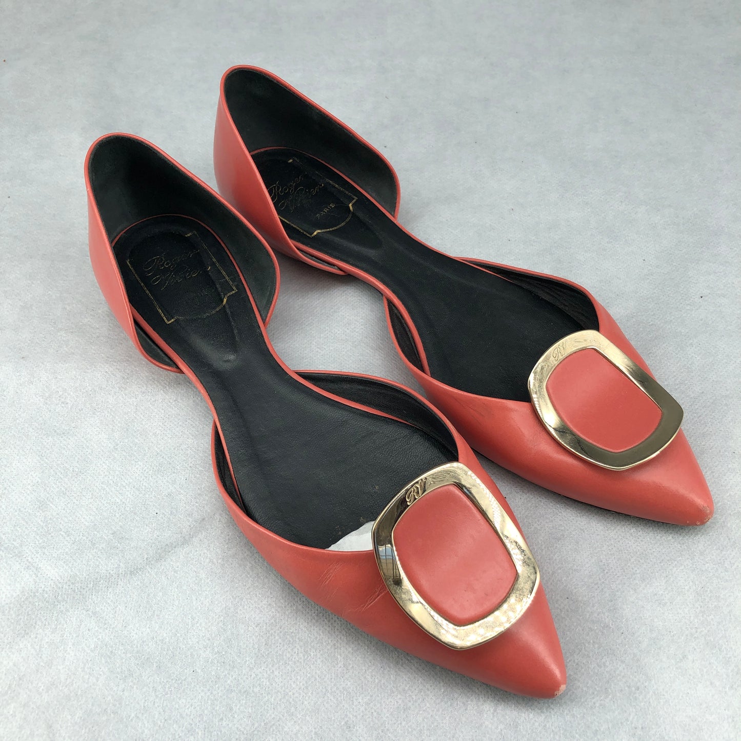 Roger Vivier Women's Strass Buckle D'Orsay Flats Size 39.5 Salmon Pink