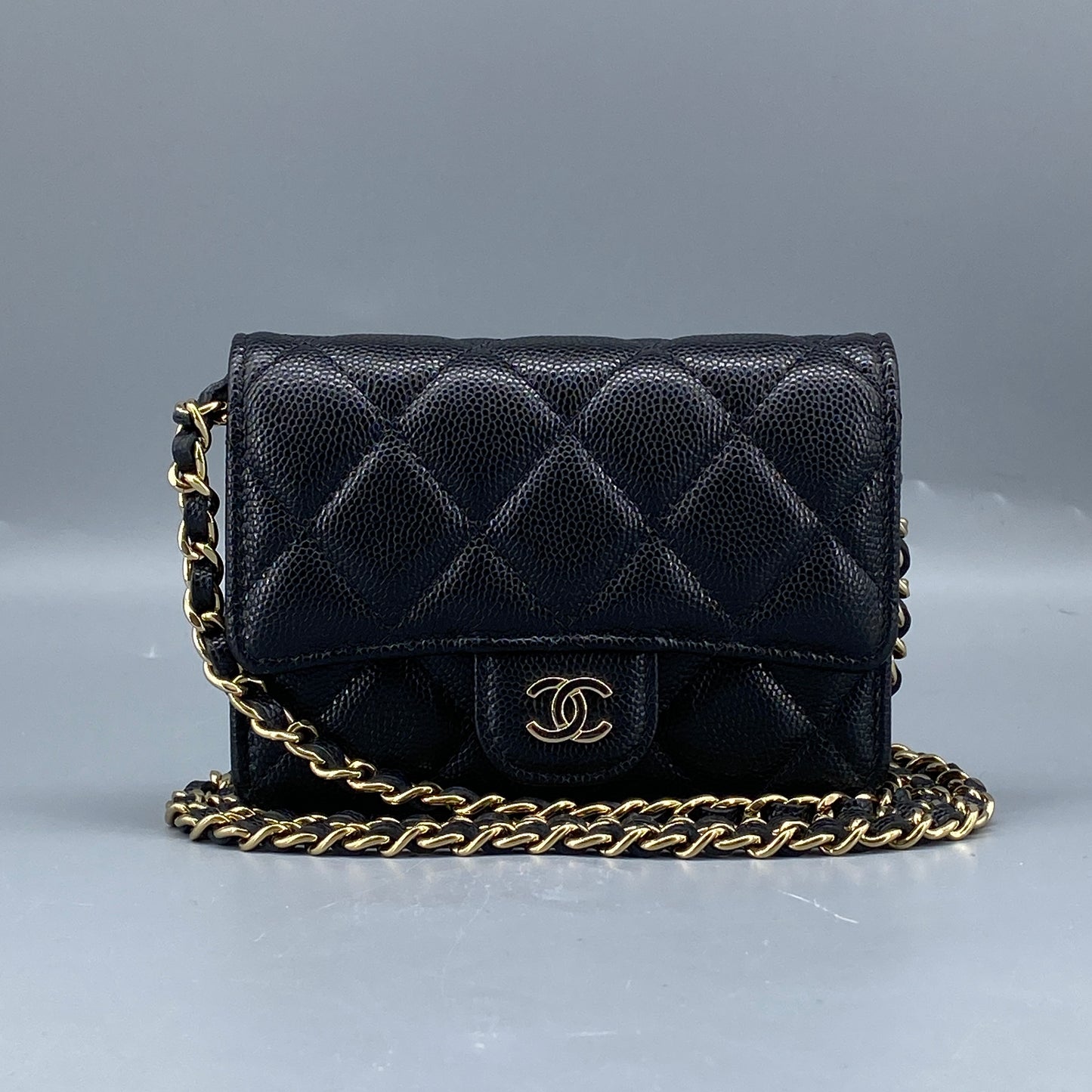 Chanel Quilted Caviar Mini Chain Wallet Bag Black